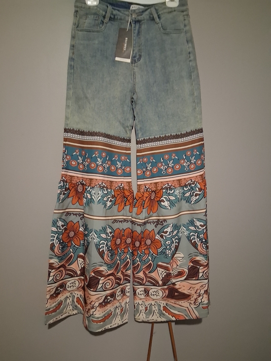 Unk Denim - Womens Jeans Pants Blue Vintage Floral Printed Bottoms with Pockets High-Waisted